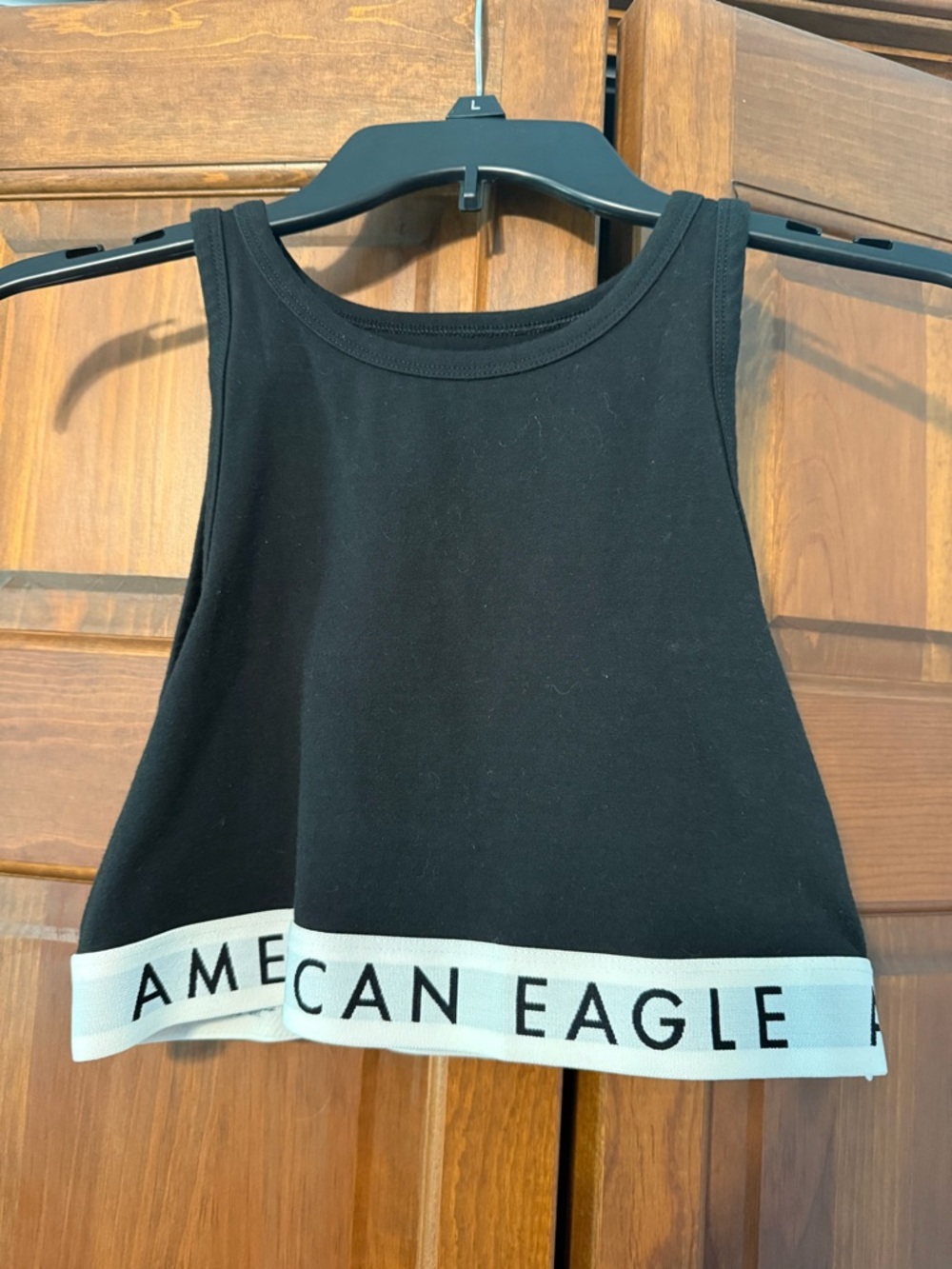 American Eagle Outfitters Black Cropped Tank with White Branded Hem